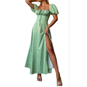 NEW Green Puff Sleeve Floral Split Flowy Beach Maxi Dress S
